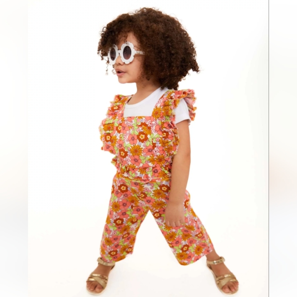 🆕Wonder Nation | Sleeveless Ruffled Floral Print Overalls Orange & Pink Size 4T